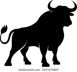 A bold black silhouette of a powerful bull stands against a stark white backdrop, showcasing its curved horns and muscular build in a minimalist design.
