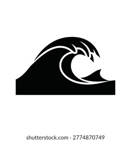 A bold black silhouette of a powerful wave breaking, designed as a dynamic icon with a sense of movement and energy for ocean or water-themed projects.