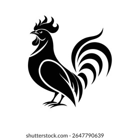  Uma silhueta preta arrojada de um galo, de pé, com um pente e penas da cauda impressionantes. Ideal para temas agrícolas, alimentares ou animais em geral.