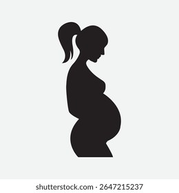 Silhueta preta ousada de uma mulher grávida serena no perfil lateral no fundo branco. Vetor gráfico minimalista perfeito para temas de maternidade, maternidade e saúde.