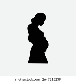 Bold black silhouette of a serene pregnant woman in side profile on white background. Minimalist, graphic vector perfect for maternity, motherhood, and health themes.