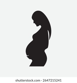 Silhueta preta ousada de uma mulher grávida serena no perfil lateral no fundo branco. Vetor gráfico minimalista perfeito para temas de maternidade, maternidade e saúde.