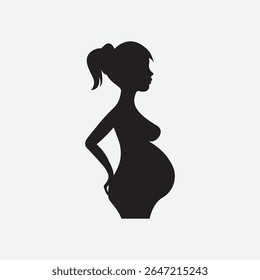 Silhueta preta ousada de uma mulher grávida serena no perfil lateral no fundo branco. Vetor gráfico minimalista perfeito para temas de maternidade, maternidade e saúde.
