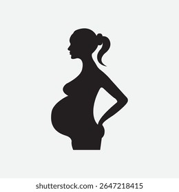 Silhueta preta ousada de uma mulher grávida serena no perfil lateral no fundo branco. Vetor gráfico minimalista perfeito para temas de maternidade, maternidade e saúde.