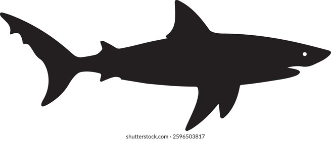 A bold black silhouette of a shark, featuring sharp fins and a streamlined body. The design is clean and modern.