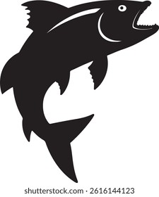 A bold black silhouette of a shark set against a clean white background. The shark is shown in side profile, highlighting its iconic fin, streamlined body, and sharp tail. The minimal design captures 