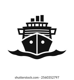 A bold, black silhouette of a ship's bow against a white background