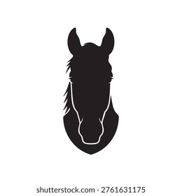 A bold black silhouette showcases the head of a horse, emphasizing its form with a distinctive style.