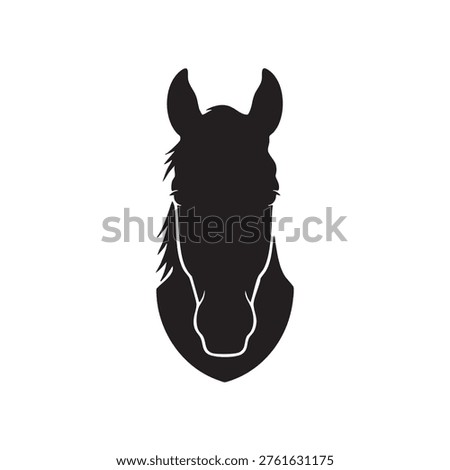 A bold black silhouette showcases the head of a horse, emphasizing its form with a distinctive style.