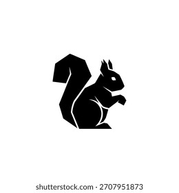 Una silueta atrevida y negra de una ardilla, con un diseño geométrico distintivo para su cola, sobre un fondo blanco limpio.