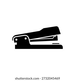 A bold, black silhouette of a stapler, showcasing a distinct flat, graphic style.