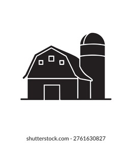 A bold, black silhouette style showcases a typical barn with a connected grain silo.