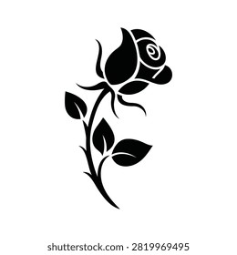 Bold black silhouette of a stylized rose flower with sharp, contrasting leaves and stem. Striking graphic ideal for modern logo designs and apparel printing.