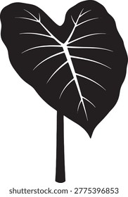 Bold black silhouette of a taro leaf, highlighting its distinctive heart shape and prominent veins. Tropical plant illustration suitable for food, nature, and botanical designs.