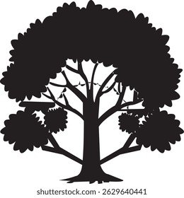 Una atrevida silueta negra de un árbol con ramas y follaje detallados. Ideal para el diseño de paisajes, fondos de la naturaleza, carteles ambientales, diseño de logotipos y estampados decorativos. El Vector está limpio