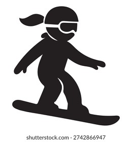 A bold black silhouette vector icon of a female snowboarder riding in a crouched stance with arms extended for balance. The figure is wearing goggles and a helmet, with a ponytail flowing behind to emphasize motion and identity. The snowboard is depicted with smooth curves and rounded ends, angled to highlight dynamic movement. Set against a clean white background, this icon captures the energy of freestyle snowboarding and is ideal for winter sports graphics, action-themed branding, and lifestyle designs.