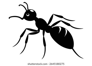 A bold black silhouette vector illustration of an ant against a white background The ant is depicted in profile view with simplified details and strong lines.