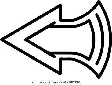 A bold black silhouette vector illustration of a backward arrow The arrow points to the left and has a slightly curved design. The style is simple and graphic.