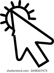 A bold black silhouette vector illustration of a mouse cursor featuring a sunburst element at its base. The style is simple and graphic.