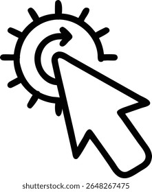 A bold black silhouette vector illustration depicts a mouse cursor interacting with a circular arrow suggesting rotation or a loading process The style is simple and graphic