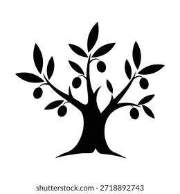 Una Ilustración vectorial de silueta negra audaz de un olivo frutal. El diseño presenta una forma negra sólida con ramas extendidas, hojas distintas en forma de lanza y frutos de olivo colgantes. Este gráfico de alto contraste es ideal para logotipos de aceite de oliva, plantillas, marcas agrícolas, símbolos de naturaleza orgánica y diseño de iconos. Aislado en un fondo blanco.