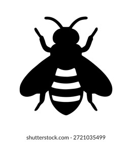 Bold, black silhouette vector of a stylized striped bee with defined wings, antennae, and clear abdominal bands.