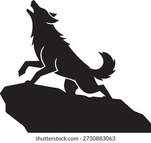 Bold black silhouette of a wild wolf perched on a rock formation, howling with intensity towards the sky.