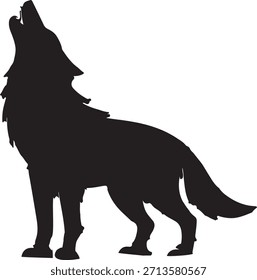 Uma silhueta preta ousada de um lobo sentado e uivando para cima, simbolizando força, liberdade, mistério e uma profunda conexão com a natureza.