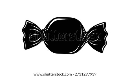 A bold black silhouette of a wrapped candy is presented, notable for its clean and distinctive silhouette style.