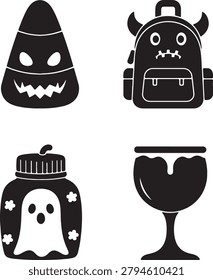 Bold black silhouettes of carved candy corn monster bag ghost jar and liquid chalice.