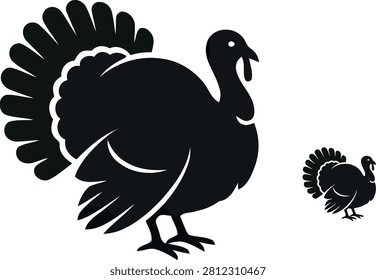 Bold black silhouettes of a large and small turkey, perfect for Thanksgiving designs, farm logos, poultry branding, or autumn-themed artwork.