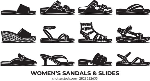 Bold Black Silhouettes of Women’s Sandals and Slides on White Background