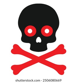 A bold black skull with red eyes and crossed red bones beneath, symbolizing danger, death, or toxic substances, in a striking and minimalistic design.