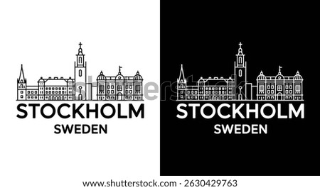 Bold black skyline logo featuring Stockholm landmarks like City Hall Riddarholmen Church and Kaknas Tower ideal for tourism businesses and Swedish city branding