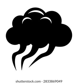 A bold black smoke cloud with three vapor trails emanating from the bottom, representing pollution or atmospheric phenomena.