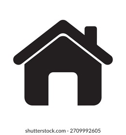 Un ícono de silueta sólida, negra y audaz que representa la forma tradicional de una casa con techo inclinado y chimenea, perfecto para Diseño web, interfaces de aplicaciones o conceptos inmobiliarios. Este sencillo gráfico es