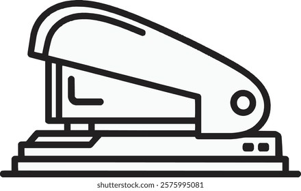 A bold black stapler icon set against a clean white background. The design showcases the classic stapler shape with smooth curves and a defined base, representing efficiency and office essentials.