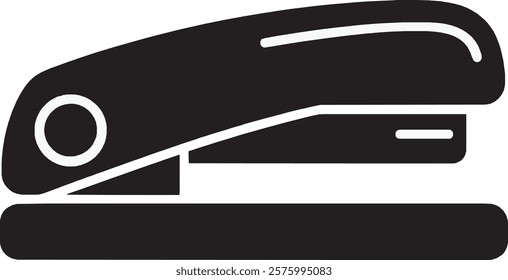 A bold black stapler icon set against a clean white background. The design showcases the classic stapler shape with smooth curves and a defined base, representing efficiency and office essentials.