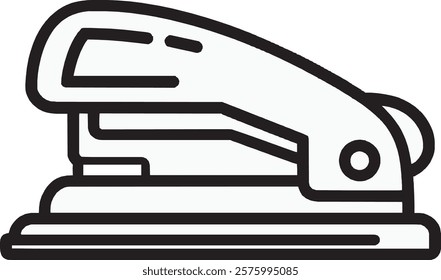 A bold black stapler icon set against a clean white background. The design showcases the classic stapler shape with smooth curves and a defined base, representing efficiency and office essentials.