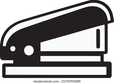 A bold black stapler icon set against a clean white background. The design showcases the classic stapler shape with smooth curves and a defined base, representing efficiency and office essentials.