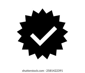 Bold black starburst icon featuring a prominent white checkmark.  Perfect for signifying approval, completion, or verification in websites, apps, and presentations.