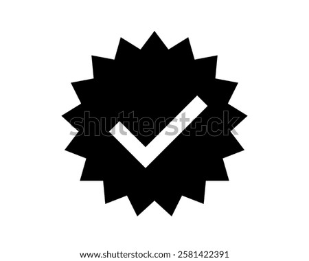 Bold black starburst icon featuring a prominent white checkmark.  Perfect for signifying approval, completion, or verification in websites, apps, and presentations.