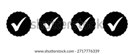 Bold black starburst icon set  featuring a prominent white checkmark. Perfect for signifying approval, completion, or verification.  Approved star sticker isolated on white background.