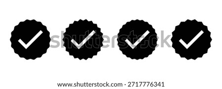 Bold black starburst icon set  featuring a prominent white checkmark. Perfect for signifying approval, completion, or verification.  Approved star sticker isolated on white background.