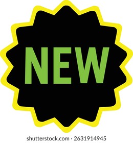 Bold black starburst label with bright green new text and yellow border ideal for advertising deals and new arrivals
