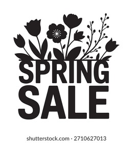 Bold black text announces a spring sale, overlaid with a delicate silhouette of blooming flowers and branches.
