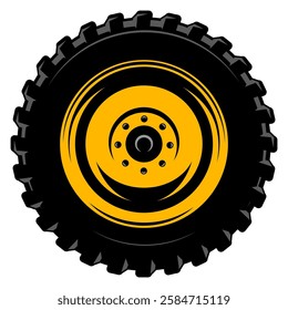 A bold black tire with a striking yellow rim and intricate tread design showcasing industrial strength and durability.