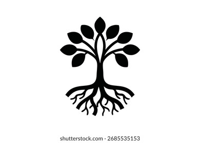 Um ícone de árvore preta em negrito com raízes e folhas, isolado em um fundo branco. Simbolizando crescimento, força e conexão com a natureza, ideal para vários projetos.