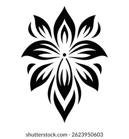 A bold black tribal floral tattoo design in vector format, featuring a symmetrical abstract flower with sharp petal shapes and decorative patterns, ideal for tattoo art, stencil design, or ethnic styl