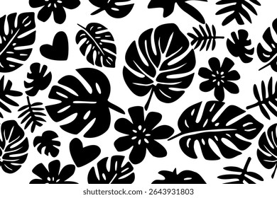Bold black tropical leaves, flowers, and heart silhouettes on a white background. A modern, high-contrast pattern perfect for fashion, fabric, and graphic design.